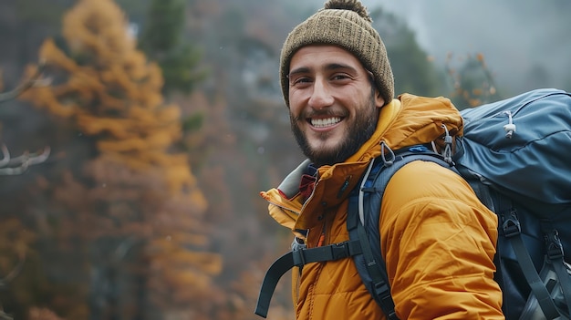 Een tevreden man een foto en metgezellen op een bergwandeling met een rugzak Generative Ai