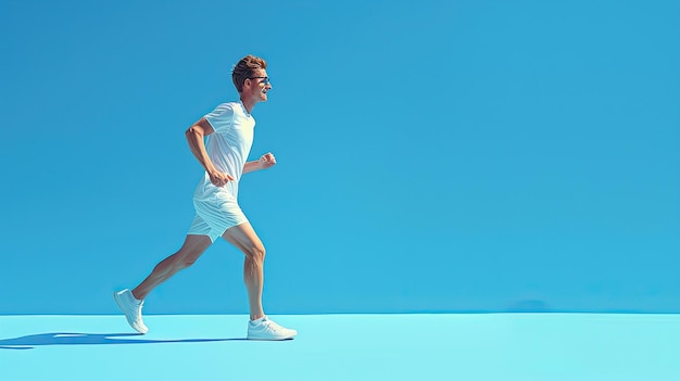 Een tevreden man in witte korte broek en een T-shirt op een blauwe achtergrond