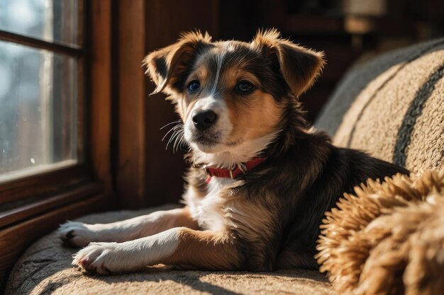 Een tevreden puppy die in een zonnig raam ligt.