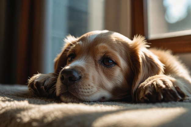 Een tevreden puppy die in een zonnig raam ligt.