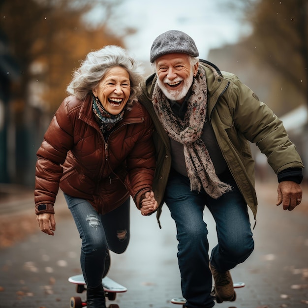 Een tevreden seniorenpaar geniet van een skate date Generative Ai