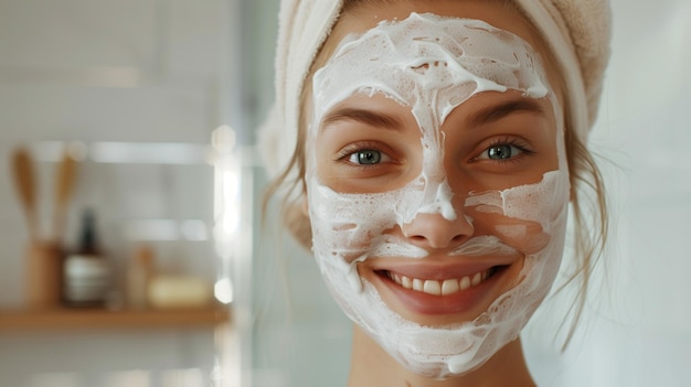 Een tevreden vrouw bracht een gezichtsmasker aan in de badkamer thuis Het meisje glimlacht gebruikt gezichtshuidverzorging