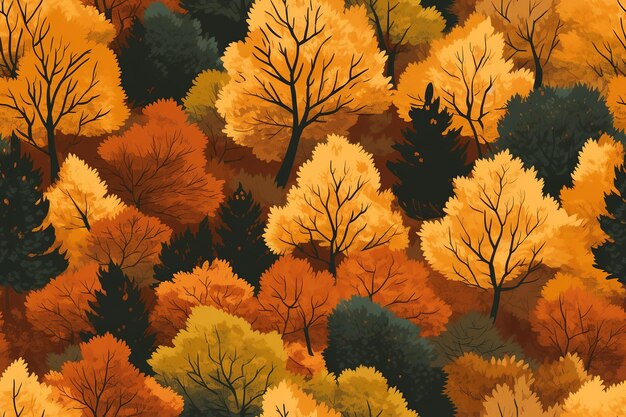 Een textuur van dichte herfst oranje bos vol met een menigte van torenhoge bomen