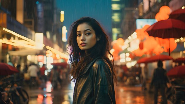 Een Thaise vrouw staat sierlijk in de regen op een drukke straat in de stad