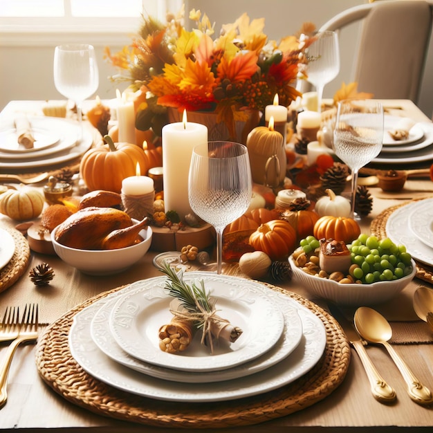 Een Thanksgiving diner tafel met witte borden