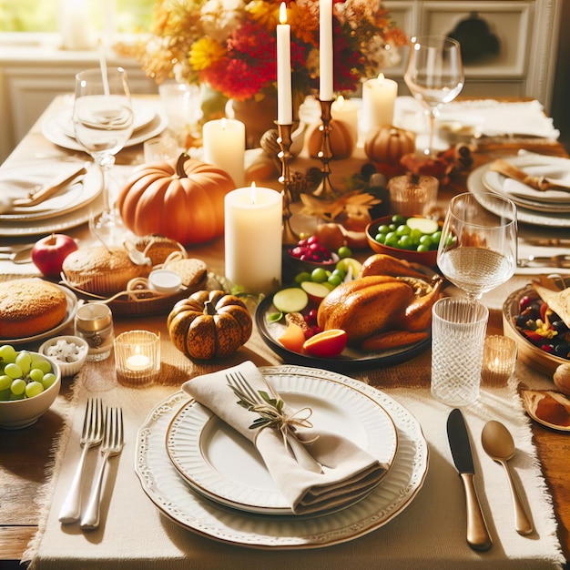 Een Thanksgiving diner tafel met witte borden