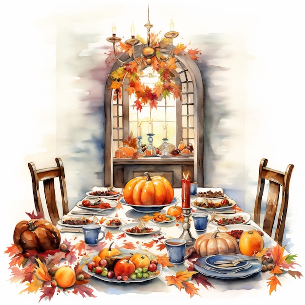 een Thanksgiving-tafel met pompoenen en een pompoenveld erop