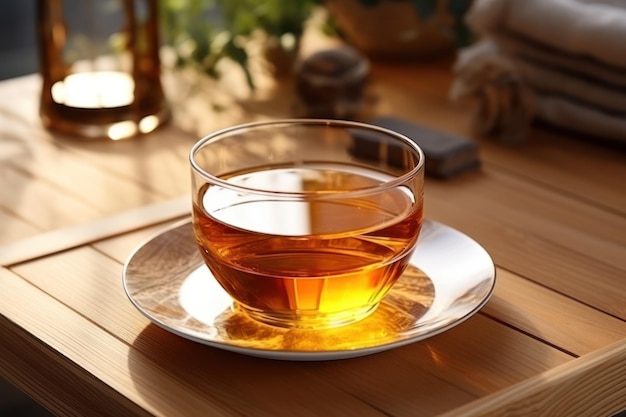 een thee in een glazen beker op een houten tafel binnen close-up