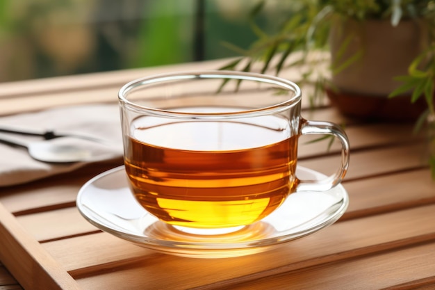 een thee in een glazen beker op een houten tafel binnen close-up