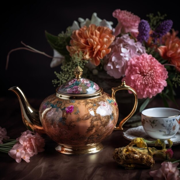 Een theepot en een kop op een tafel Generatieve AI-beeld