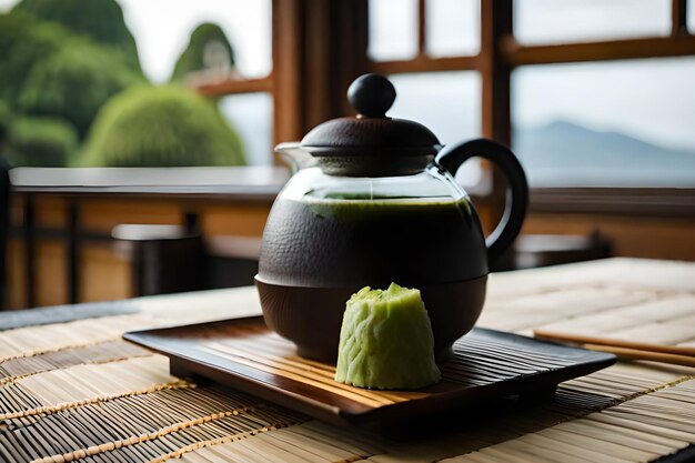 Een theepot en een kopje groene thee staan op een dienblad met een groene thee erop.