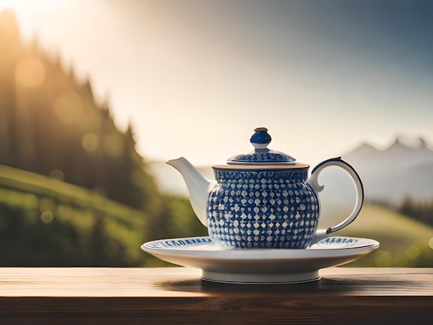 Een theepot en een kopje thee staan op een houten tafel voor een berglandschap.