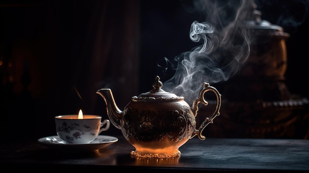 Een theepot en een kopje thee staan op een tafel voor een donkere achtergrond.