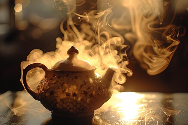 Foto een theepot met rook die eruit komt op een tafel.