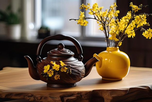 een theepot staat op een houten tafel met gele bloemen in de stijl van gongbi