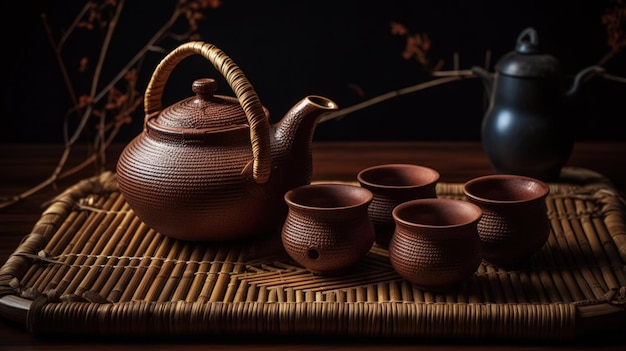 Een theeservies met een theepot en kopjes op een bamboe onderlegger