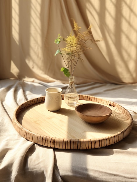 Een thuis scène Japanse log stijl minimalisme helder zonlicht lege rattan dienblad
