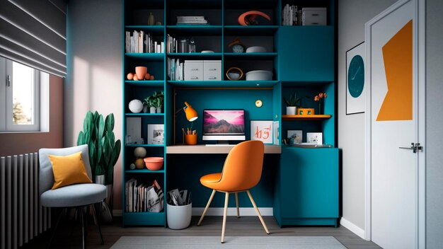 Een thuiskantoor met een blauw bureau en een stoel.