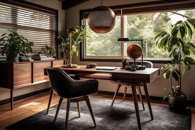 Een thuiskantoor met een houten bureau en een lamp.
