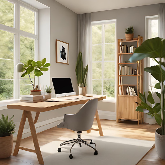 een thuiskantoor met een laptop en een plant op de tafel