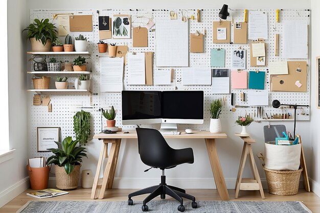 Een thuiskantoor met een op de muur gemonteerd pegboard met inspirerende citaten