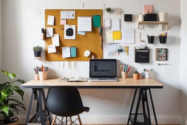 Een thuiskantoor met een op de muur gemonteerde plank voor het organiseren van stationnaire