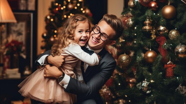 Een tiener houdt zijn gelukkige zus in zijn armen bij de nieuwjaarsboom op kerstavond in een huis