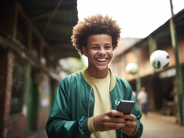 Een tiener uit Colombia die een smartphone gebruikt om games te spelen