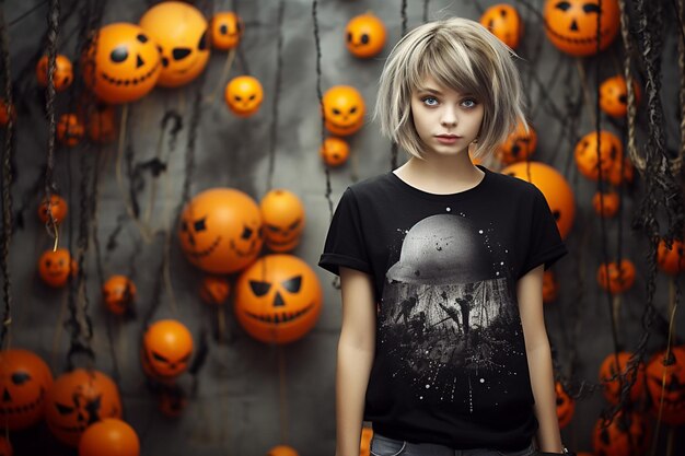 Foto een tienermeisje draagt een halloween-t-shirt.