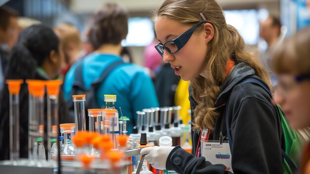 Een tienermeisje met een veiligheidsbril voert een wetenschappelijk experiment uit in een lab.