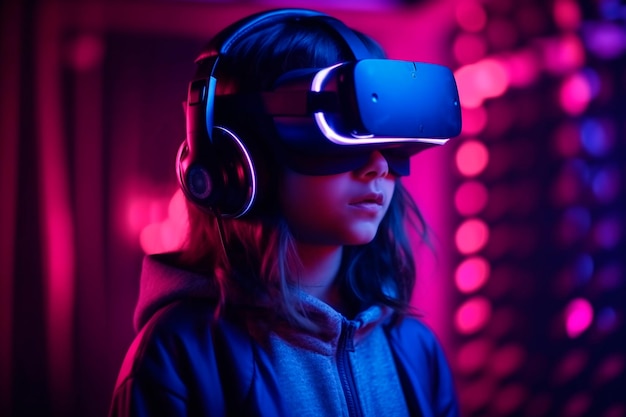 Een tienermeisje met een vr-headset in een kamer met neonroze lichten