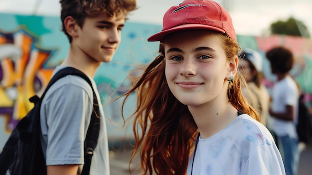 Een tienermeisje met lang rood haar en sproeten glimlacht naar de camera. Ze draagt een rode hoed en een wit shirt.