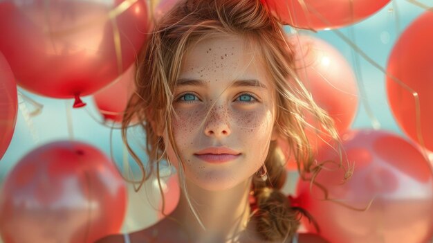 Een tienermeisje staat omringd door ballonnen.