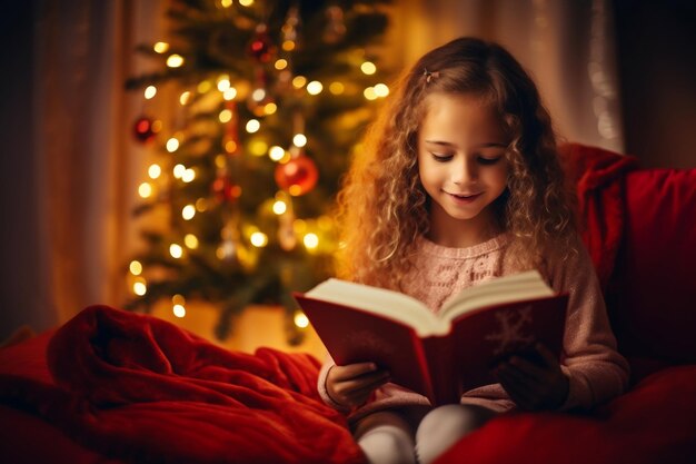 Een tienjarig meisje leest een boek op kerstavond