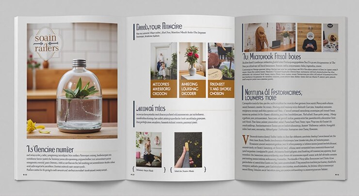 Foto een tijdschrift is open naar een pagina met een foto van een vrouw in een fles