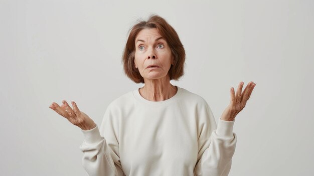 een tijdschrift omslag minimalistische foto een vrouw van jaren oud dragen sweatshirt vraag gebaar
