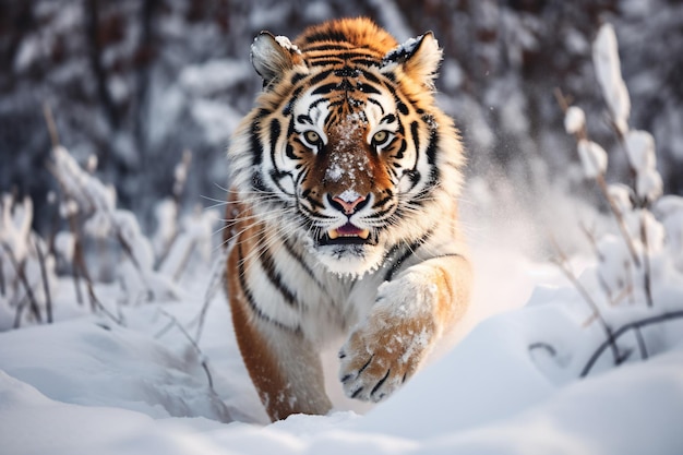 een tijger die door de sneeuw in het bos loopt