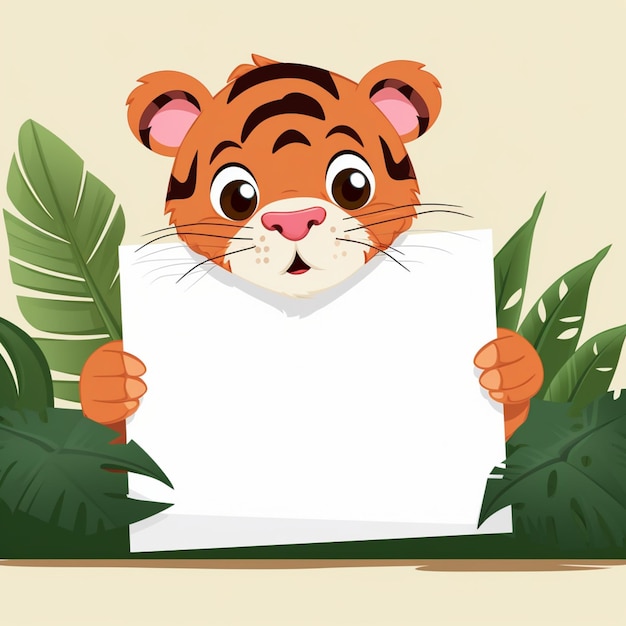 Een tijger die een blanco wit papier of een poster vasthoudt