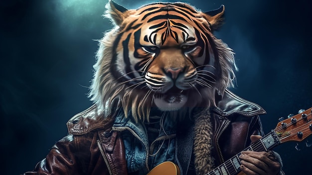 Een tijger die gitaar speelt tijdens een rockconcert