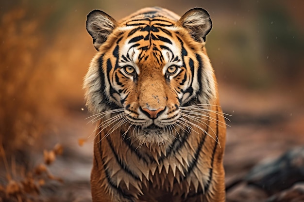 een tijger die in de regen in het bos loopt