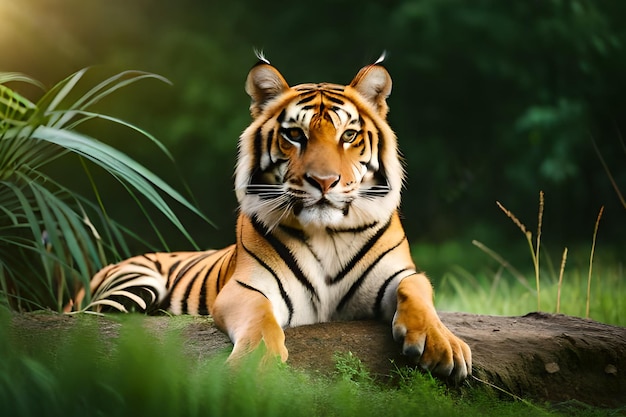 Een tijger die op een boomstam in het gras ligt