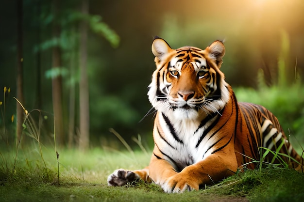 Een tijger die op het gras in het bos ligt