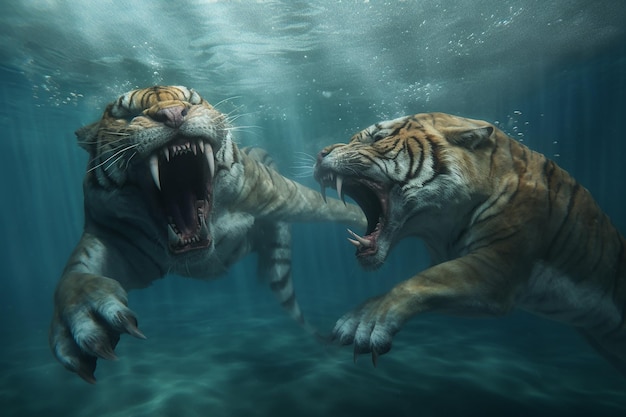 Een tijger en een tijger vechten in het water.