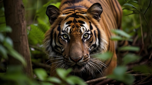 Een tijger in de jungle kijkt naar de camera