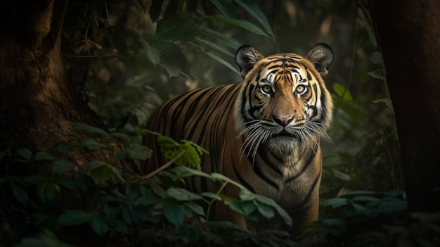 Een tijger in de jungle 's nachts