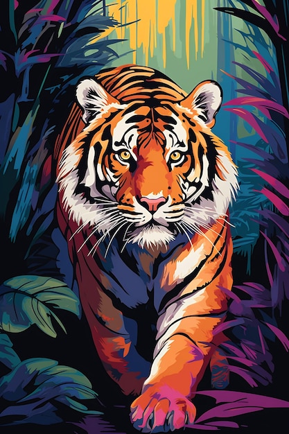 een tijger is geschilderd in oranje en blauw