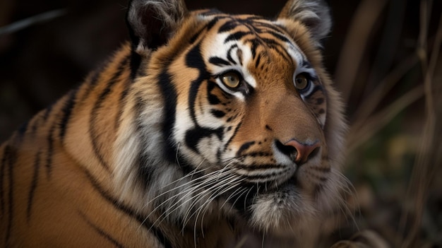 Een tijger kijkt naar de camera.