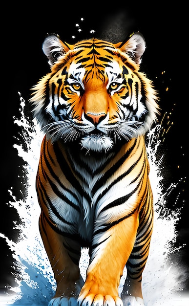 Een tijger loopt vooruit over het opspattende water