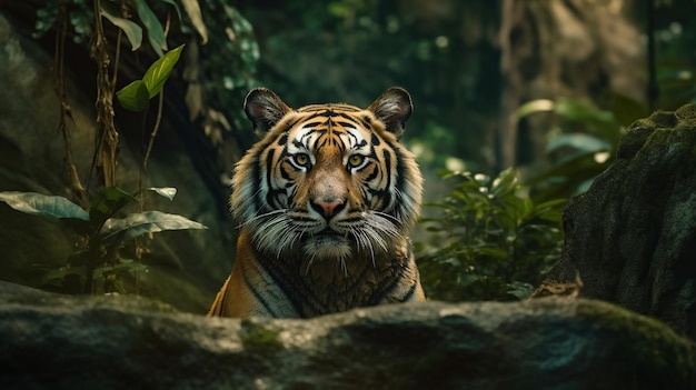 Een tijger met een strik om zijn nek zit in een jungle Generative AI