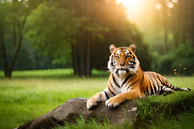 Een tijger op een rots in het gras